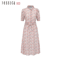 JESSICA RED - 優雅百搭抽象印花過膝襯衫洋裝82417M（紅）