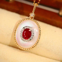 woman Fashion jewelry natural AU750 18K gold necklace Ruby Diamonds White seashell Pendant