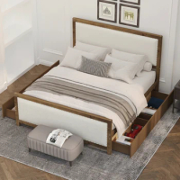 Queen/ Full Size Upholstered Platform Bed with Wood Frame and 4 Drawers, Sturdy Frame,Natural Wooden+Beige Fabric