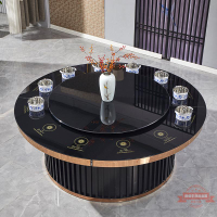 酒店電動餐桌大圓桌火鍋桌子電磁爐一體鋼化玻璃圓餐桌椅組合商用