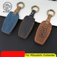 2/3 Bottons Leather Car Key Case Fob Cover Shell Keychain for Mitsubishi Outlander 2023 Car Smart Remote Key Holder Accessories