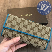 帝安諾-實體店面GUCCI經典雙G LOGO緹花布滾邊牛皮7卡釦式長夾(孔雀藍)【APP下單享4%點數】