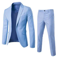 1 Set Blazer Pants Solid Color Single-breasted Spring Autumn Slim Fit Buttons Formal Suit for Wedding Trendy Men Suit Set