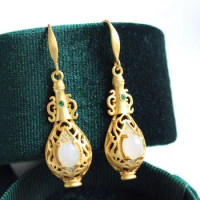 Natural Hetian white jade vase shaped ear hook Chinese style retro palace style unique gold craft women's silver jewelry
