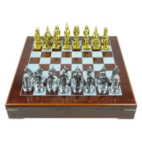 High quality custom egyptian chess game set luxury gold and silver metal Egypt chess chips wood chess board box