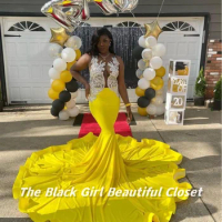 Exquisite Swan Yellow Prom Gowns Black Girls Glitter Applique Beaded Decorative Evening Gowns 2024 Ruffle Long Gowns