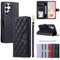 Checkered Leather Wallet Case For Samsung Galaxy S24 S23 S22 S21 S20 FE S10 Note 20 Ultra 10 Plus 9 8 Lanyard Flip Phone Cover