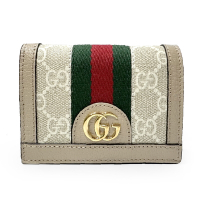 【GUCCI 古馳】523155 經典Ophidia GG印花帆布牛皮飾邊暗釦卡夾/零錢包(燕麥色)