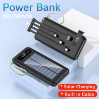 Top Solar Power Bank Built Cables 80000mAh Solar Charger External Battery Charger Powerbank for-iphone for Xiaomi with LED Light