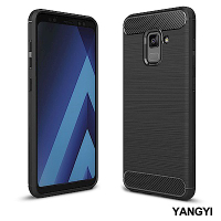 揚邑 Samsung Galaxy A8+ 2018碳纖維拉絲紋軟殼散熱防震抗摔手機殼-黑