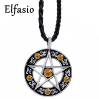 Mens Boys Orange CZs Pentacle Pentagram Star Pewter Pendant Necklace Jewelry LP207O
