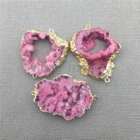MY0408 Hot Pink Agates Geode Druzy Slice Gold Color Edge Connector,Freeform Rose Onyx Jewelry Making Pendant Charm