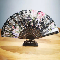 Black Gold Stamp Flower Folding Fans For Dancing New Chinese Style Hand Fans Oriental Aesthetics Traditional Hanfu Accessories