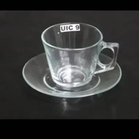 6 Cangkir Gagang Set + Piring Tatak Kaca Beling Bening Unik Tebal Awet Murah Tahan Panas 250ML Gelas