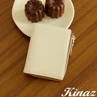 KINAZ 牛皮L型拉鍊零錢袋直式對折短夾-乳酪杏-馬賽克系列