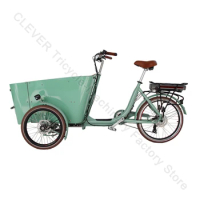 Family Cargo Bike 3 Wheel Steering Independent Curve Dutch Bike Green Wooden Box With Front Door