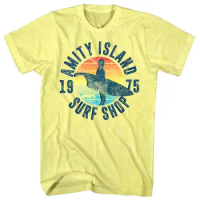 Jaws Amity Island Surf Shop 1975 Men's T Shirt Shark Bite Surfboard Ocean Attack