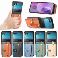Solid Color Wrist Strap Phone Case For Motorola Razr 40 Ultra Moto Razr40+ Plus 2023 Folding Wallet Card Slot Leather Cover Fund