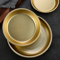 韓國黃鋁盤創意金色圓盤烤盤盤平底餐盤小吃蛋糕盤骨碟烤肉店盤子