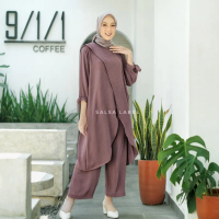 Madina Tunik one set crinkle airflow, Baju setelan tunik tangan 3/4 pita Wanita Dewasa, Atasan Musli