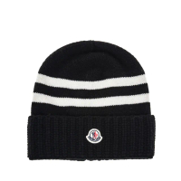 【MONCLER】經典品牌標誌貼片條紋線條羅紋針織羊毛帽(黑色)