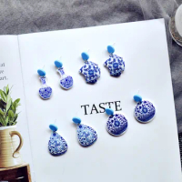 China Jingdezhen Blue And White Water Drop Vase Earrings Chinese Ancient Style Acrylic Emulational Cloisonne Earrings