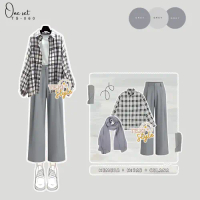 One Set Wanita Korean Style (Kemeja Flanel Hijab Pashmina Celana Kulot) Outfit Hijab OOTD Ts-060