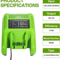 40V Lithium-ion Battery Charger 29482 Compatible with GreenWorks G40C Tools for G-Max 36V 40V Li-ion Battery 29472 Power Tools