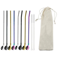 Reusable Straw Spoon 18/10 Stainless Steel Metal Colorful Straw Cocktail Drinking Straw Spoon Milk Bar Coffee Stirring Accessory