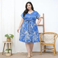Evercloth Vimali Dress Batik Jumbo Biru Gaun Wanita Batik Bigsize Terusan Dress Kancing Blue Navy XX