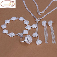 s925純銀時尚玫瑰花套裝銀飾耳環手鏈戒指項鏈四件套裝