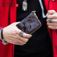 AETOO First layer cowhide zipper wallet, short retro handmade pleated wallet, simple men's trendy wallet