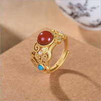 【墜享】天然南紅瑪瑙戒指S925純銀鏤空花紋戒指精美開口指環飾品