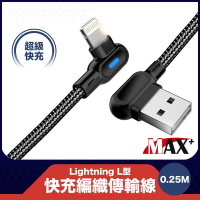 MAX+ Lightning L型快速充電編織傳輸線黑 0.25M