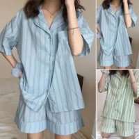 Women Loose Fit Suit Stylish Women's Pajama Set Striped Print Elastic Waist Loose Fit Sleepwear for Comfortable Homewear Women