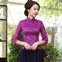 中式改良旗袍式上衣女士七分袖改良時尚短款蕾絲修身日常漢服唐裝1入