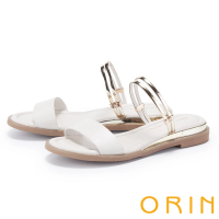 【ORIN】一字羊皮金屬飾條平底涼拖鞋(白色)