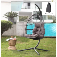 Outdoor Egg Swing Chair with Stand, Patio Wicker Rattan Hanging Chair with Rope Back, Cushion, Cover, Patio Swing