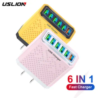 USLION 3.1A 6Ports USB Charger Fast Charging Adapter For Xiaomi iPhone 15 14 POCO Mobile Phone EU US Plug QC 3.0 Travel Charger