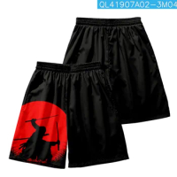 Casual Loose Japanese Samurai Red Moon Print Black Mens Gym Short Pants Summer Running Shorts Men Sports Jogging Fitness Shorts
