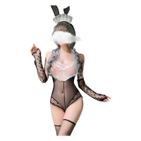 【Enjoy Love】兔女郎服 立體兔耳蕾絲透胸波點露臀開襠衣四件式套裝(情趣內衣/性感睡衣/角色扮演)