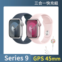 三合一快充組【Apple】Apple Watch S9 GPS 45mm(鋁金屬錶殼搭配運動型錶帶)
