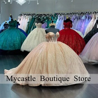 Sparkly Champagne Princess Quinceanera Dresses 2024 Off Shoulder Beaded Mexican Dress Sweet 16 Dress Lace Up vestido 15 años