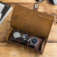 3 Slots Vintage Crazy-Horse Leather Watch Storage Box Box Outdoor Travel Organizer Case Pouch Buckle Roll Watch Storage Wat E3U0