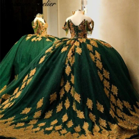 Alluring Golden Applique Green Tassel Luxury Quinceanera Dress Off The Shoulder Ball Gown Charro Mexican Dress vestido de quince