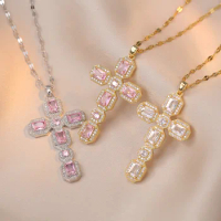 Luxury Big Cross Pendant Clavicle Necklaces For Women Silver Gold Color Square Pink White Zircon Choker Valentine Jewelry Gifts