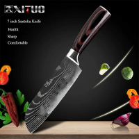 Xituo Pisau Dapur Chef Damascus Pattern- 7 inch Santoku Knife - Silver