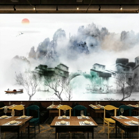 餐廳飯店裝修墻布山水風景壁紙酒店農家樂江南水鄉中式水墨畫墻紙