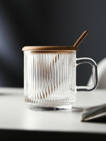 日式條紋玻璃水杯帶把手帶蓋ins風馬克杯果汁杯家用牛奶咖啡杯子