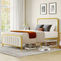 Upholstered Platform Bed Metal Frame，Full/Queen/King Headboard Foundation，double bed for adults and teenagers, single bed